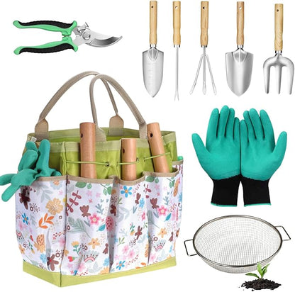 Garden Tool Set Heavy Duty,Sand Soil Compost Sifter 1/4 Inch Mesh,Stainless Steel Tools with Organizer Bag,Gardening Kit for Weeding, Planting, Digging,Gardening Gifts for Women Novice Gardener