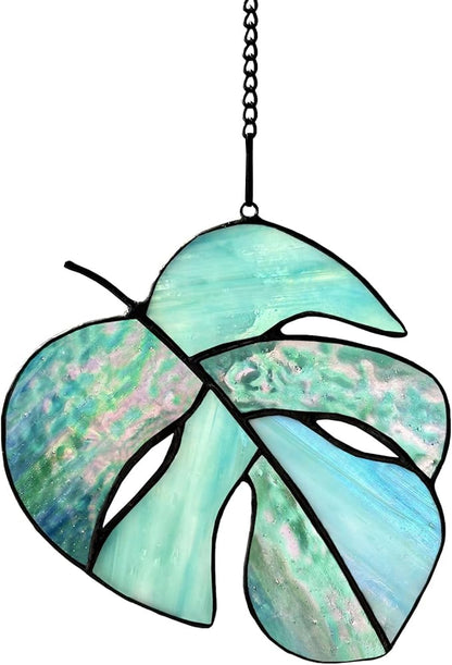 Handmade Monstera Leaf Stained Glass Window Hangings Suncatcher, Tiffany Style Stained Glass Monstera Leaf Gifts for Women Mom Teacher,Wedding Birthday Christmas Celebration Gift