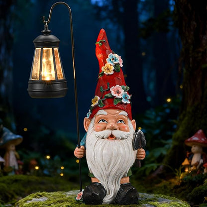 Garden Gnomes Statue with Solar Lantern, Outdoor Gnome Decorations for Yard, Outdoor Figurine Ornament with LED Lights for Patio Lawn, Housewarming Birthday Gift for Women Mom Grandma Wife