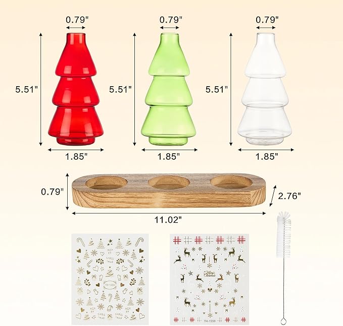 Plant Propagation Stations with Vintage Wooden Pallet,Tricolor Christmas Tree Glass Vase for Plants with DIY Sticker Decoration and Cleaning Brush,Thoughtful and Elegant