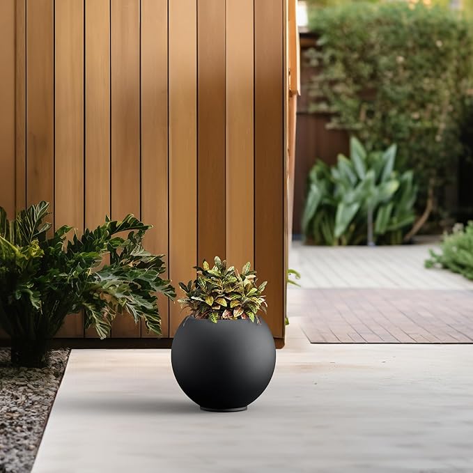 Kante Round Concrete Flower Pot, 11 Inch Dia (7.9" Opening) Sphere Shape Design Planter with Drainage Hole and Rubber Plug for Indoor & Outdoor Plants, Black Finish with Painted Interior