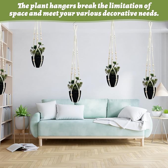 Large Macrame Plant Hanger with S Hook, 35 Inch Hanging Planters for Indoor Plants Outdoor, Extra Long Strong Hanging Plant Holder Basket Boho Home Decor(Ivory)