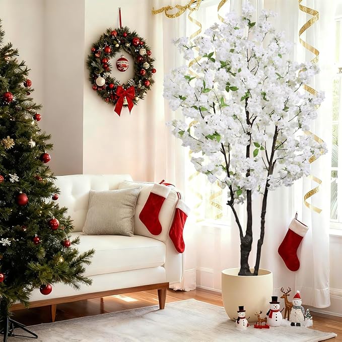 Large Artificial Cherry Blossoms Tree Indoor Faux Cherry Blossom Tree White 6FT Bedroom Trees for Home Christmas New Year Decor