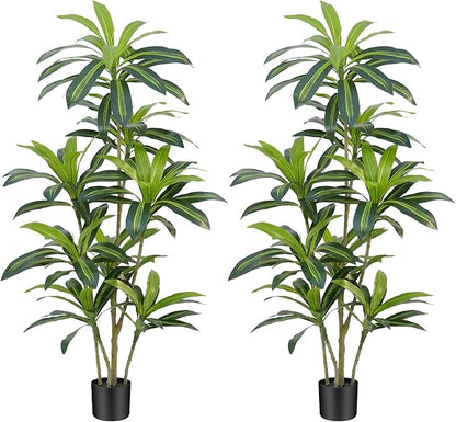 5Ft Dracaena Plant Artificial Tree Fake Tropical Floor Plants Potted (Real Touch) Artificial Silk Tree Leaf Faux Trees Black Tall Planter for Home Office Living Room Indoor Outdoor Decor（2Pack）