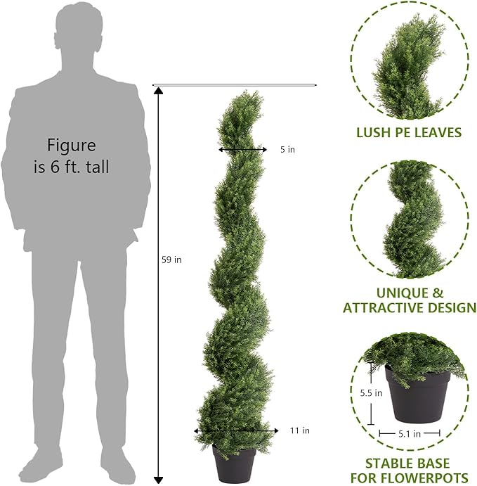 THE BLOOM TIMES 5ft Artificial Topiary Trees Set of 2, Faux Cedar Cypress Spiral Topiary Trees Outdoor - Fake Plants for Garden Front Porch Indoor Outside Planter Decor 5 Foot