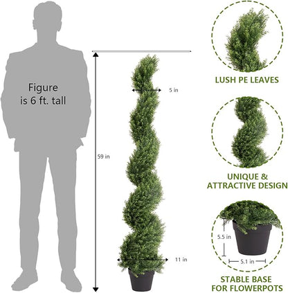 THE BLOOM TIMES 5ft Artificial Topiary Trees Set of 2, Faux Cedar Cypress Spiral Topiary Trees Outdoor - Fake Plants for Garden Front Porch Indoor Outside Planter Decor 5 Foot