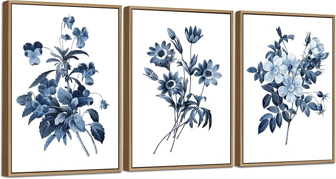 Large Framed Canvas Wall Art - Natural Float Framed Indigo Flowers Picturtes for Living Room Decor Retro Blue Floral Botanical Artwork Plants for Bedroom Kitchen Home Office Decor 60" X 28" Set of 3