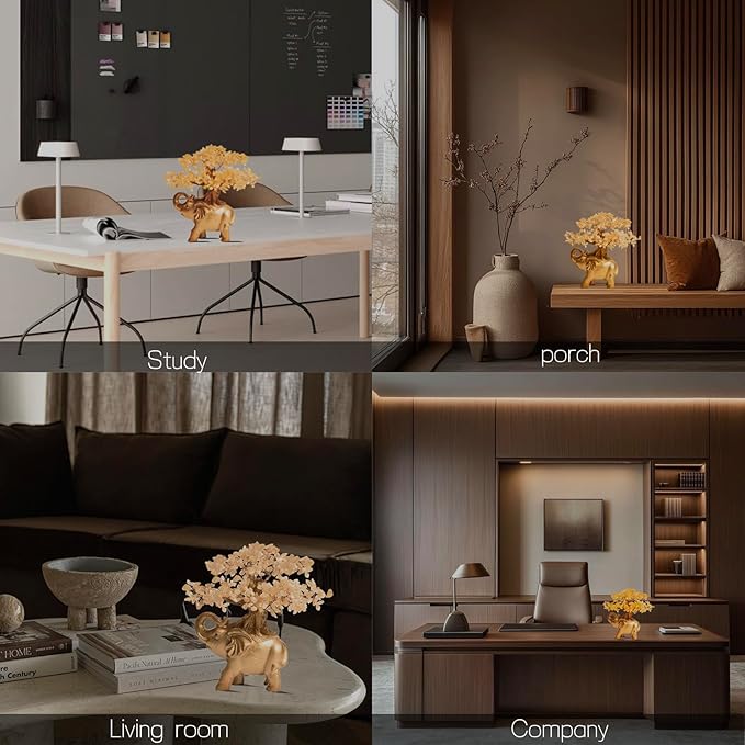Citrine Crystal Money Tree on Gold Mini Elephant Statue, 10”Gemstone Bonsai Tree of Life Home Décor Gifts for Wealth Positive Energy, Feng Shui Décor