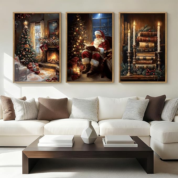 Christmas Wall Art 16x24 Inches Vintage Santa Claus Paintings Framed Christmas Winter Holiday Artwork Set of 3 for Living Room Bedroom