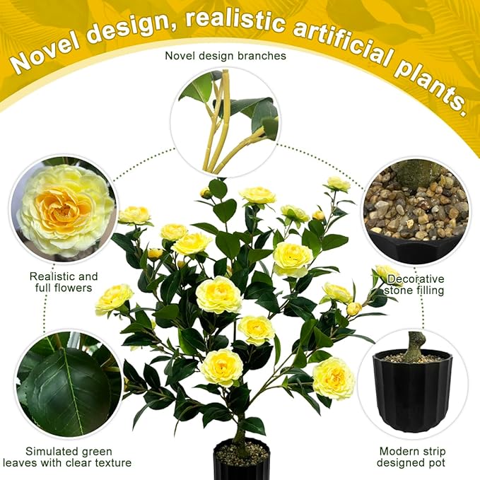 WAYNHUI Tall Artificial 2Pack Yellow Camellia Tree Potted Bushes UV Resistant Potted Plants for Indoor Outdoor Home Garden (2Pack Yellow Camellia Tree), xyc-2