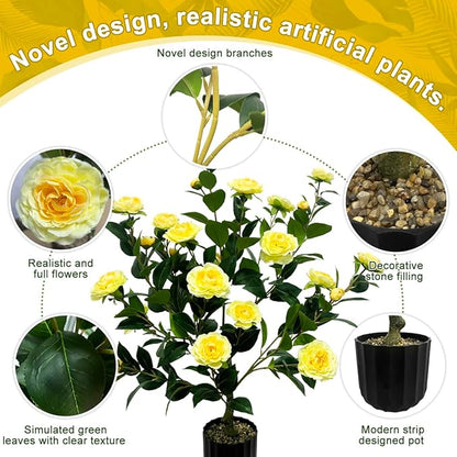 WAYNHUI Tall Artificial 2Pack Yellow Camellia Tree Potted Bushes UV Resistant Potted Plants for Indoor Outdoor Home Garden (2Pack Yellow Camellia Tree), xyc-2