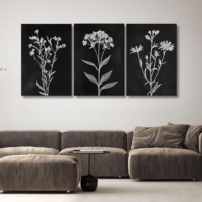 sawjug Black And White Botanical Canvas Wall Art,Minimalist Wildflower Wall Decor,Vintage Botanical Floral Wall Painting for Living Room, Bedroom,Office (24" x 36" x 3 pcs)