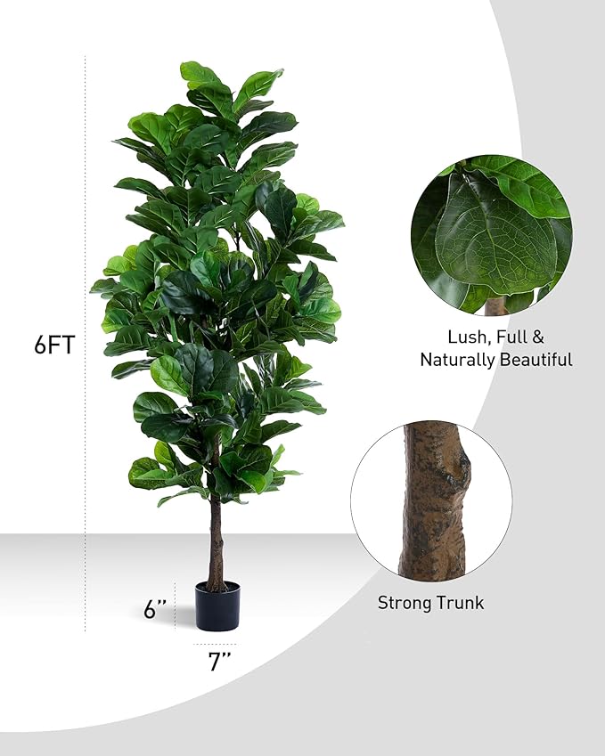 Fiddle Leaf Fig Tree 6ft Tall Artificial Tree in Plastic Pot Fake Ficus Lyrata Plants with 184 Decorative Fiddle Leaves Faux Fig Trees for Home Office Living Room Decor Indoor Outdoor