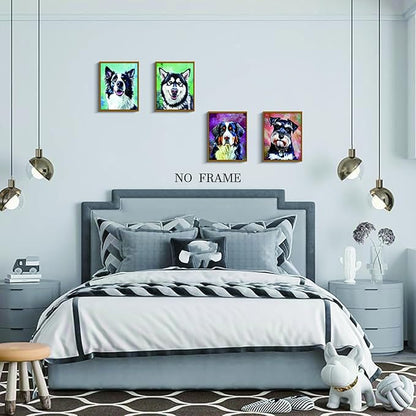 NIIORE Watercolor Dog Wall Art Canvas, Modern Pet Printing, Bernese Mountain Dog, Schnauzer, Border Collie, Husky Prints, Set of 4, 8x10 Inches Unframed