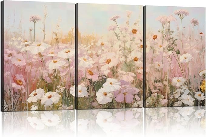Framed Pink Wildflowers Canvas Wall Art Colorful Floral Poster Picture Vintage Country Painting Nature Landscape Modern Home Print Living Room Gallery Office Ready to Hang 12x16 Inch x3