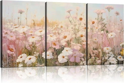 Framed Pink Wildflowers Canvas Wall Art Colorful Floral Poster Picture Vintage Country Painting Nature Landscape Modern Home Print Living Room Gallery Office Ready to Hang 12x16 Inch x3