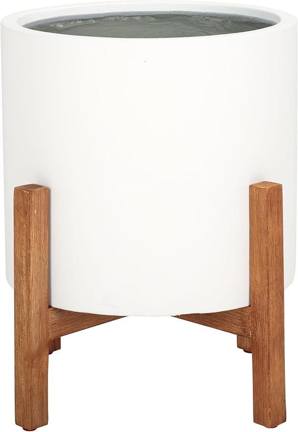 SAFAVIEH Outdoor Patio Furniture Jesper Modern White Concrete Ficonstone & Natural Brown Solid Wood Planter Pot