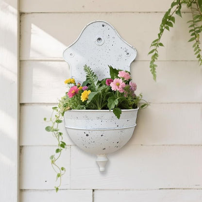 Rustic Metal Wall Planter Distressed Decor Wall Mounted Flower Pot Vintage Hanging Plant Holder for Outdoor Indoor Garden Home Balcony Patio Farmhouse Decorative (White)