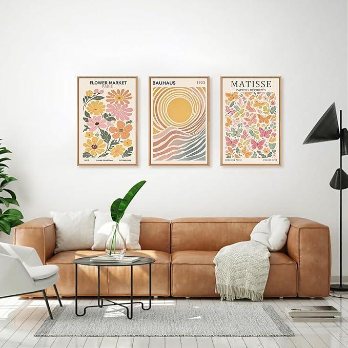 Boho Flower Market Framed Canvas Wall Art Set, Matisse Floral Wall Decor, Abstract Botanical Wall Painting, Nature Floral Illustration Art Prints for Living Room, Bedroom, Office 16"X24"X3