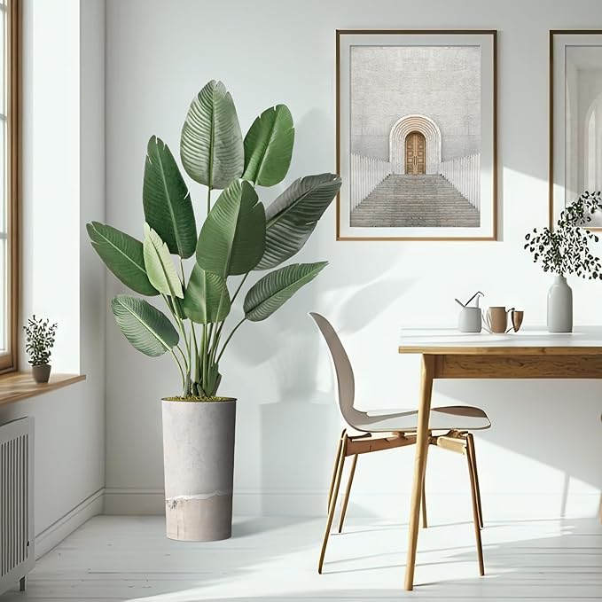 Artificial Tree in Gray Tan Watercolor Abstract Planter, Fake Bird of Paradise Silk Tree for Indoor and Outdoor Home Decoration - 67" Overall Tall (Plant Pot Plus Tree)