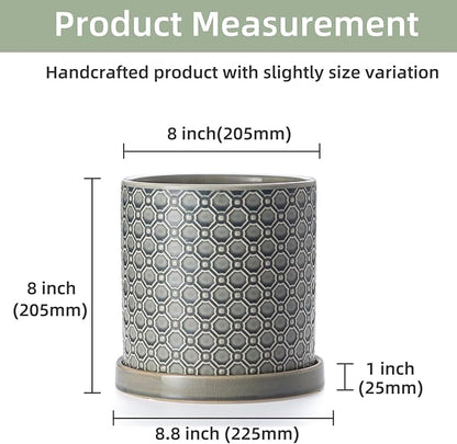 8 Inch Plant Pot: Ceramic Planter with Drainage Hole & Saucer Indoor Outdoor Plants - Cylinder Round Flower Pot for Home Office - Modern Decorative - Medium Grey