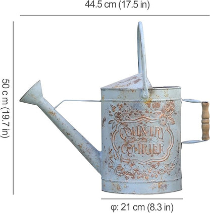 Vintage Metal Watering Can with Country Corner Floral Emboss & Wooden Handle Garden Distressed Blue Decorative Watering Pot Farmhouse Waterer for Home Garden Balcony Courtyard 2 Gallon