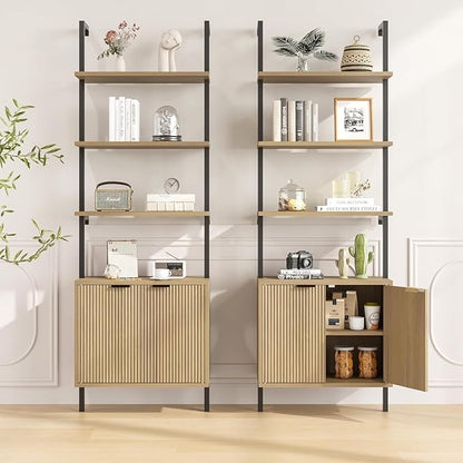 Set of 2 Ladder Bookshelf with Cabinet, 71" Tall Bookcase with Shelves & Storage, Fluted Ladder Shelf with Metal Frame, 6-Tier Display Rack for Living/Bedroom, Home & Office, Natural & Black