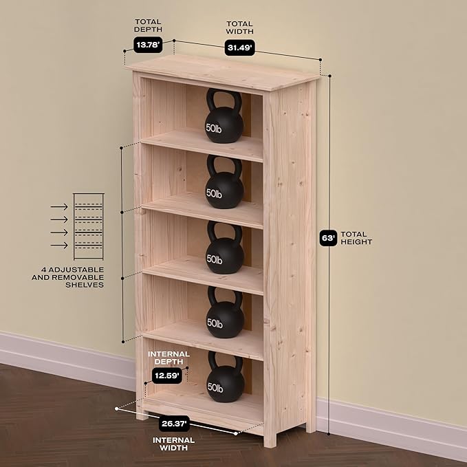 From the Tree Furniture Solid Pine Wood Bookcase – Tall Bookshelf with 4 Adjustable Shelves for Home, Office & Kids Room