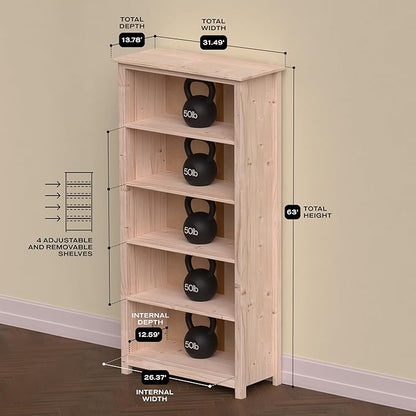 From the Tree Furniture Solid Pine Wood Bookcase – Tall Bookshelf with 4 Adjustable Shelves for Home, Office & Kids Room