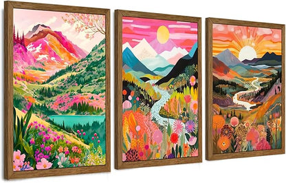 DUWQU 3 Piece Colorful Watercolor Mountain Canvas Wall Art Boho Floral Painting Picture Wall Decor Abstract Nature Landscape Poster Print Artwork for Living Room Bedroom Office 16x24 Inch Wood Frames