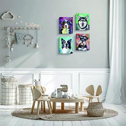 Framed Watercolor Dog Wall Art Canvas, Set of 4 Modern Pet Printing 8x10 Inches, Bernese Mountain Dog, Schnauzer, Border Collie, Husky Prints