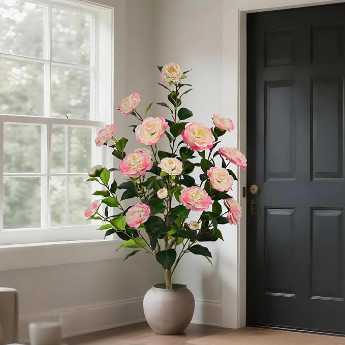 Artificial Camellia Tree with Spike, 36” Tall Faux Artificial Plants Outdoor Flower Tree with Pink Blooming Camellia Flower, Fake Flower Tree for Home, Garden Decor(Pink)