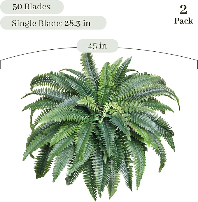 KOL 2-Pack 45in Artificial Boston Ferns, Green Large Faux Fern Bushes with Bendable Stems for Hanging or Floor Display, Living Room Wedding Indoor Outdoor Decor