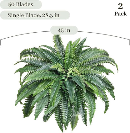 KOL 2-Pack 45in Artificial Boston Ferns, Green Large Faux Fern Bushes with Bendable Stems for Hanging or Floor Display, Living Room Wedding Indoor Outdoor Decor
