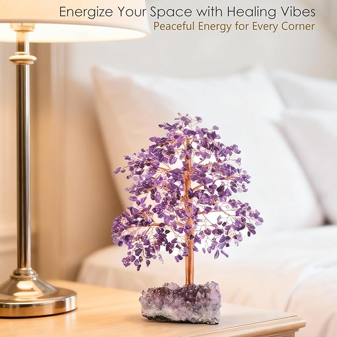 Gemstone Crystal Tree of Life - Natural Amethyst Geode Cluster Base, Chakra Healing Crystals, Positive Energy Bonsai Money Feng Shui Home Decor for Good Luck Gift, 10"-12"