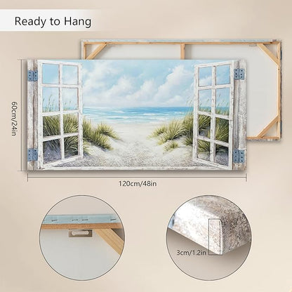 Window Beach Wall Art Prints Large tropical Seascape Picture Coastal Ocean Landscape Canvas Bedroom Blue Ocean Artwork Relaxing Living Room Sea Scene Painting Horizontal Summer Seascape Decor 48 x 24
