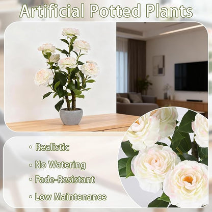 TOARTi Artificial Camellia Potted Plant with Stone Pot, 20.5" Tall Fake Potted Flowers Faux Desk Plant, Realistic Decorative Plants Indoor Decor for for Home Bedroom Bathroom Office Desk