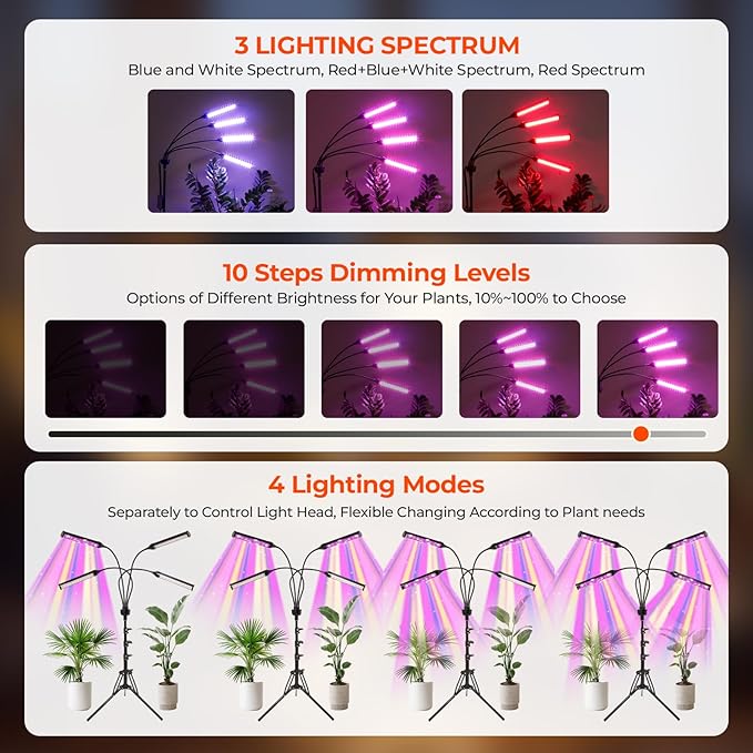 LED Grow Lights for Indoor Plants, 432 LEDs Red Blue White Full Spectrum Plant Lights for Indoor Growing with 15-63 inches Adjustable Tripod Stand, 4 Heads Grow Lamp with 4/8/12H Auto On/Off Timer