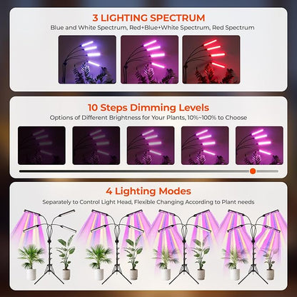LED Grow Lights for Indoor Plants, 432 LEDs Red Blue White Full Spectrum Plant Lights for Indoor Growing with 15-63 inches Adjustable Tripod Stand, 4 Heads Grow Lamp with 4/8/12H Auto On/Off Timer