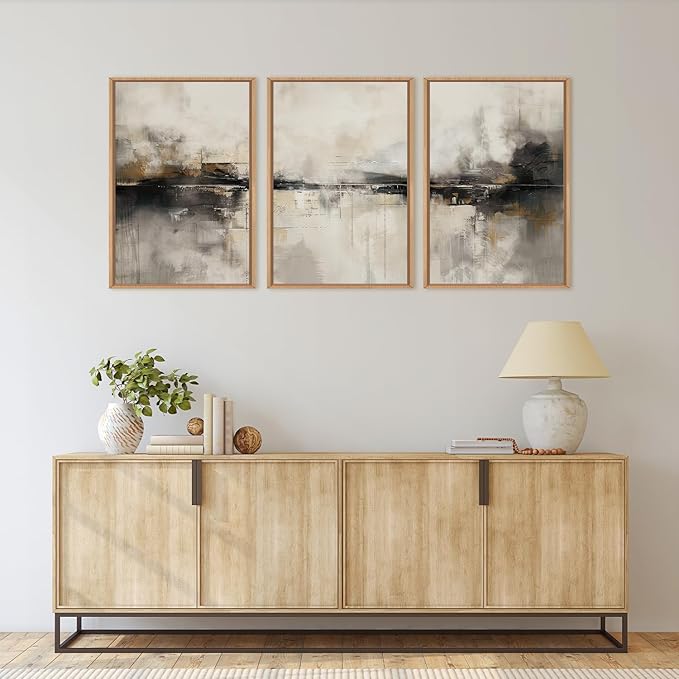 HOURIA Large Abstract Neutral Beige & Black Framed Canvas Wall Art Set,Modern Minimalist Brown Wall Decor,Textured Gray Tan Illustrations Artwork for Living Room, Bedroom, Farmhouse- 16"x24"x3