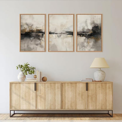 HOURIA Large Abstract Neutral Beige & Black Framed Canvas Wall Art Set,Modern Minimalist Brown Wall Decor,Textured Gray Tan Illustrations Artwork for Living Room, Bedroom, Farmhouse- 16"x24"x3