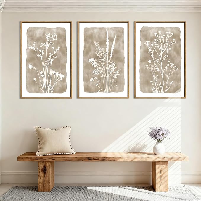 ANHUIB Beige Artwork 16x24 Inch Framed Beige Floral Wall Art Large Neutral Wildflower Wall Decor Vintage Plant Art Prints Set of 3 for Living Room Bedroom Office