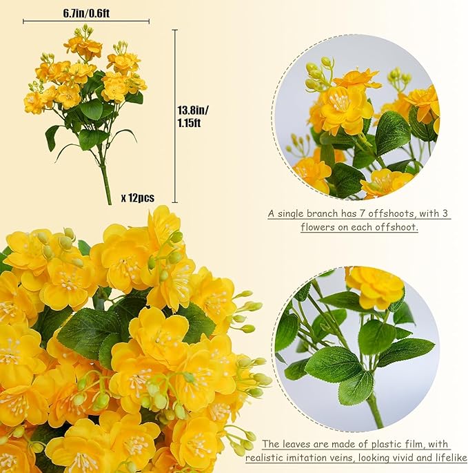 alyptus Artificial Flowers for Outdoors, 12 Bundles UV Resistant Spring Fake Flowers for Porch, Patio & Garden Decor – Realistic Outdoor Fake Plants with Lasting Color - Yellow