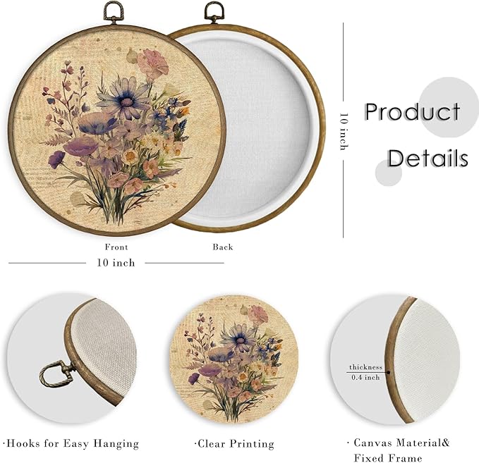 MAQIKA Vintage Flower Framed Wall Art Decor, Wildflower Wall Art, Farmhouse Botanical Round Wall Hanging Decor, Boho Purple Floral Canvas Prints Wall Art for Dorm Room Kitchen Bathroom, 10x10 Inch
