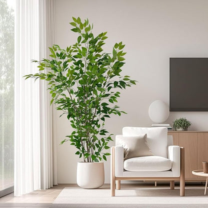Artificial Ficus Tree with Green Leaves, 6ft Tall, Indoor Plant with Decorative Beige Planter