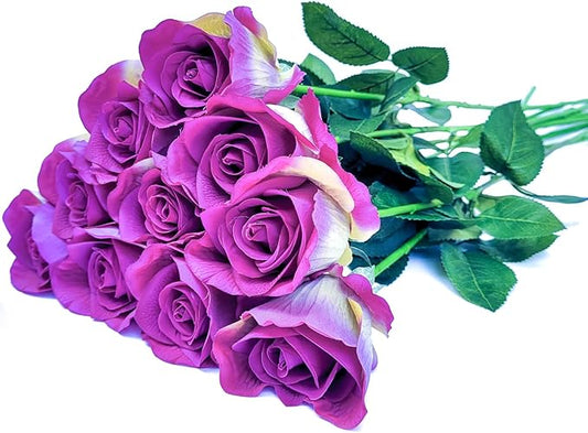 10 Single 26inch Real Touch Artificial Roses - Long Stem Fake Silk Flowers with Leaves, Looking Real, for Tall vase, Wedding, Home Decor, Centerpieces, Office Party, (10,Magenta)