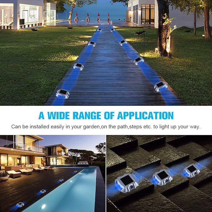 VOLISUN Solar Deck/Dock Lights, 16-Pack Led IP67 Waterproof Outdoor Warning Step Lights for Driveway Sidewalk Garden Pathway Yard (Blue)