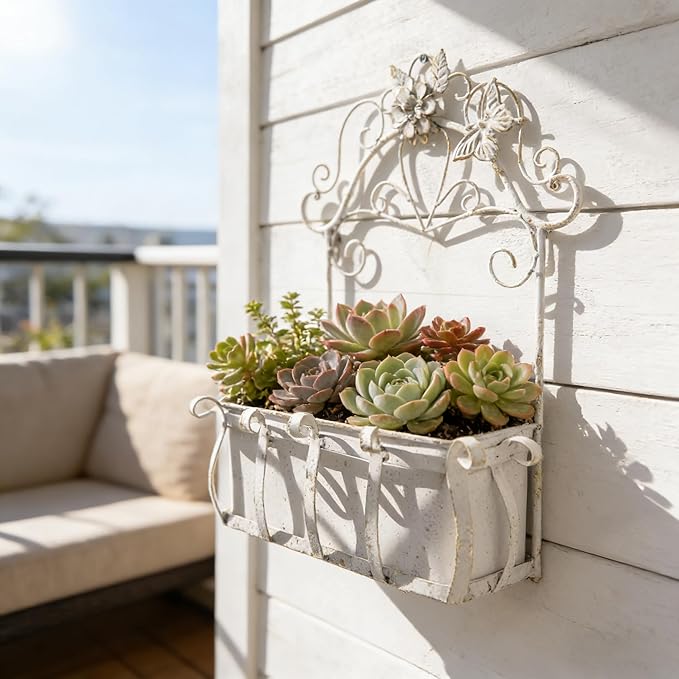 Rustic Metal Wall Planter Vintage Wall Mounted Flower Pot Farmhouse Distressed Wall Hanging Plant Basket with Floral & Butterfly Decor for Indoor Outdoor Garden Home Yard (White#2)