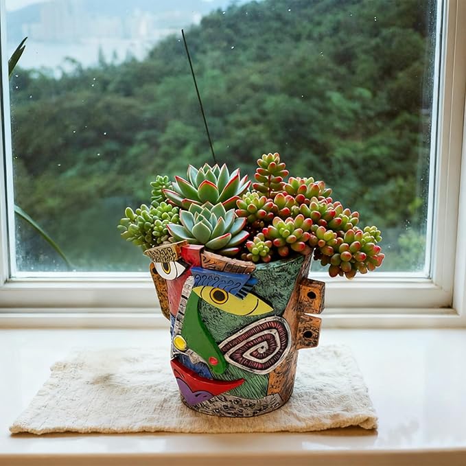 Abstract Face Planters Pots - Whimsical Hand-Painted Ceramic Face Pot for Succulents Plants, Unique Planters for Indoor Garden Decor, Artistic Home & Office Desk Decoration