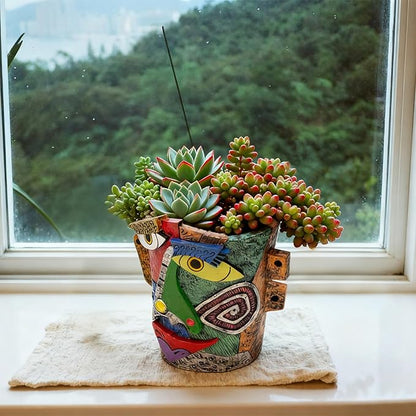 Abstract Face Planters Pots - Whimsical Hand-Painted Ceramic Face Pot for Succulents Plants, Unique Planters for Indoor Garden Decor, Artistic Home & Office Desk Decoration